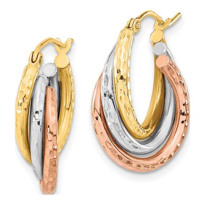 14K Tri-Color Gold Textured Triple Hoop Earrings – view 2