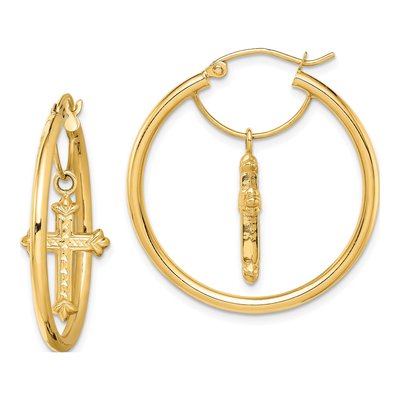 14K Yellow Gold 31mm Cross Hoop Earrings