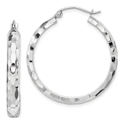 14K White Gold 30mm Diamond-Cut Hoop Earrings