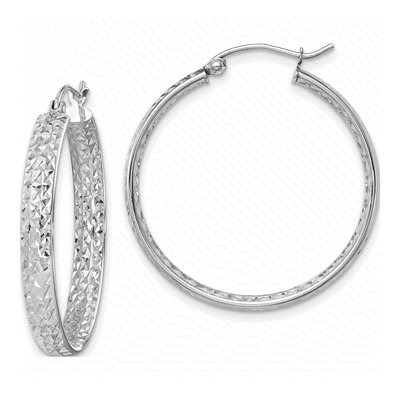 14K White Gold 30mm Diamond-Cut Fancy Tube Hoop Earrings