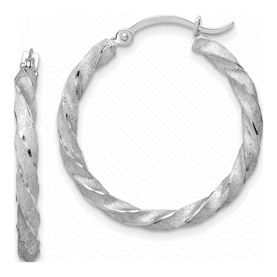 14K White Gold 26mm Twisted Diamond-Cut Hoop Earrings