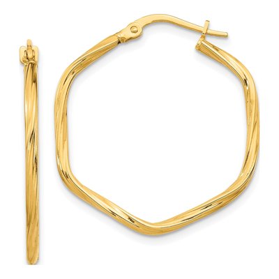 14K Yellow Gold 28mm Twist Hexagon Hoop Earrings