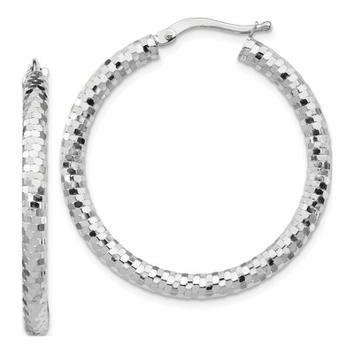 14K White Gold 32mm Diamond-Cut Tube Hoop Earrings