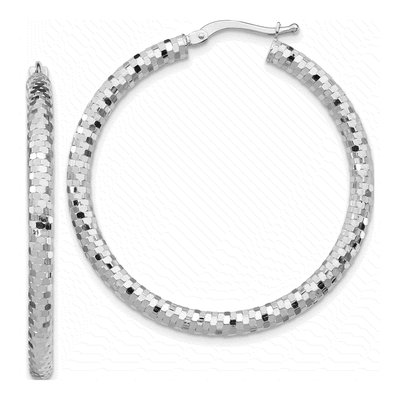 14K White Gold 38mm Diamond-Cut Hoop Earrings
