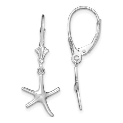 14K White Gold 3D Starfish Leverback Earrings