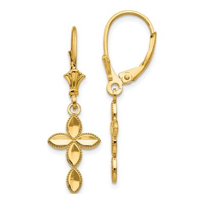 14K Yellow Gold Diamond-Cut Cross Leverback Earrings