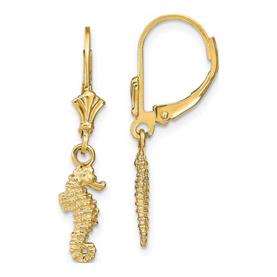 14K Yellow Gold Seahorse Leverback Earrings