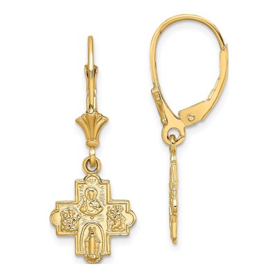 14K Yellow Gold 4-Way Medal Cross Leverback Earrings