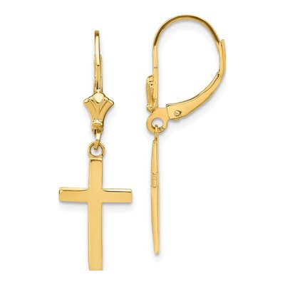 14K Yellow Gold Cross Leverback Earrings