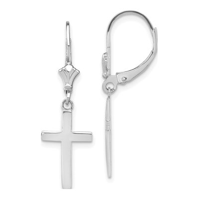 14K White Gold Cross Leverback Earrings