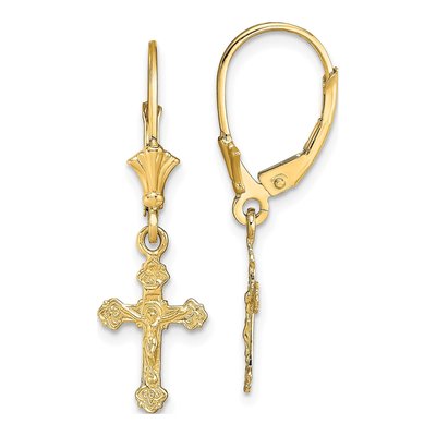 14K Yellow Gold Crucifix Leverback Earrings
