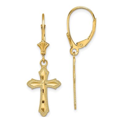 14K Yellow Gold Diamond-Cut Cross Leverback Earrings