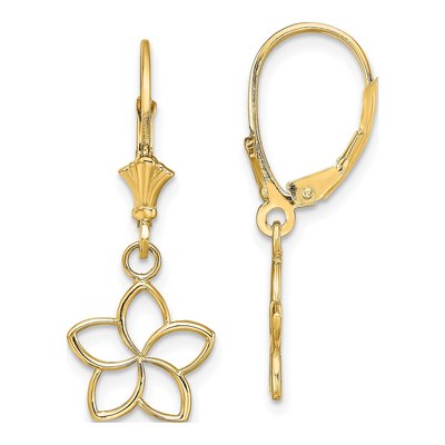 14K Yellow Gold Plumeria Flower Leverback Earrings