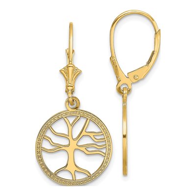 14K Yellow Gold Tree of Life Leverback Earrings