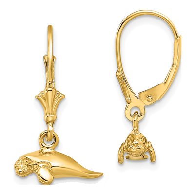 14K Yellow Gold Mini Manatee Leverback Earrings