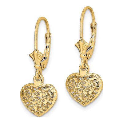 14K Yellow Gold Filigree Puffed Heart Leverback Earrings – view 2