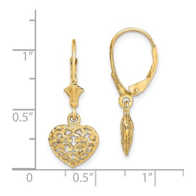 14K Yellow Gold Filigree Puffed Heart Leverback Earrings – view 4