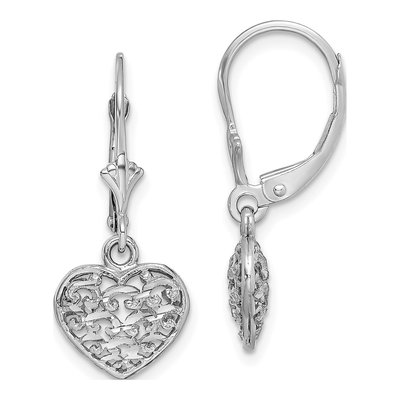 14K White Gold Puffed Heart Leverback Earrings