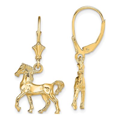 14K Yellow Gold 3-D Horse Leverback Earrings