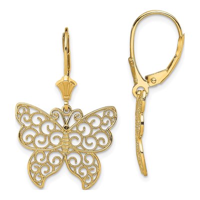 14K Yellow Gold Filigree Butterfly Leverback Earrings