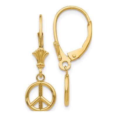 14K Yellow Gold 3-D Peace Symbol Leverback Earrings