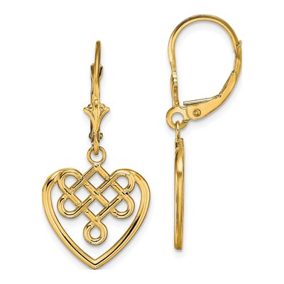 14K Yellow Gold Celtic Heart Leverback Earrings