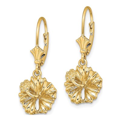 14K Yellow Gold Hibiscus Flower Leverback Earrings – view 3