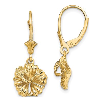 14K Yellow Gold Hibiscus Flower Leverback Earrings