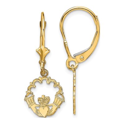 14K Yellow Gold Claddagh Leverback Earrings