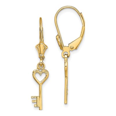 14K Yellow Gold Heart Key Leverback Earrings