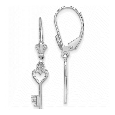 14K White Gold Heart Key Leverback Earrings