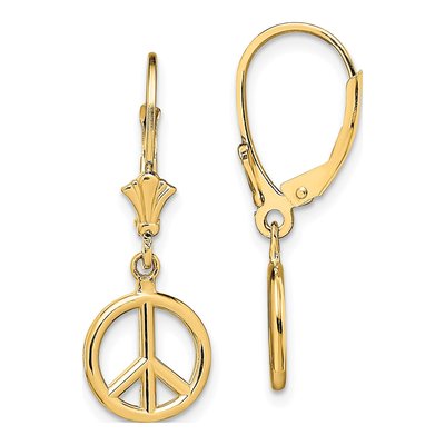 14K Yellow Gold 3D Peace Symbol Leverback Earrings