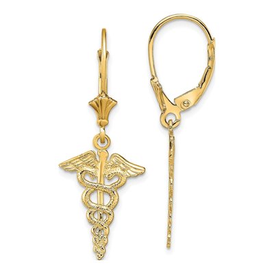 14K Yellow Gold Caduceus Leverback Earrings