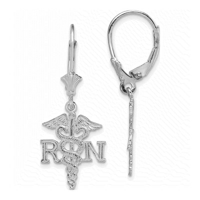 14K White Gold Caduceus Leverback Earrings