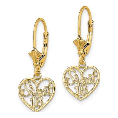14K Yellow Gold Sweet 16-Heart Leverback Earrings – view 3