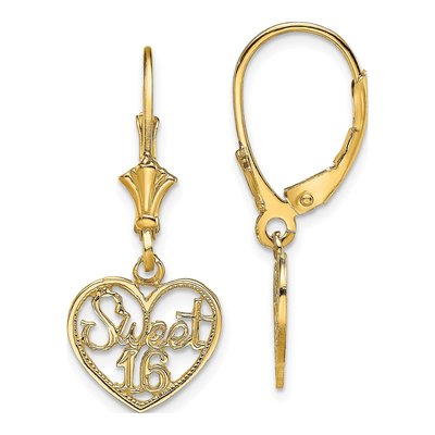 14K Yellow Gold Sweet 16-Heart Leverback Earrings