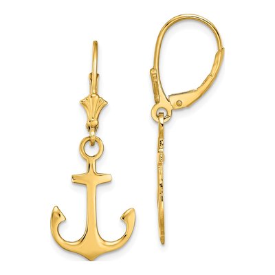 14K Yellow Gold Anchor Leverback Earrings