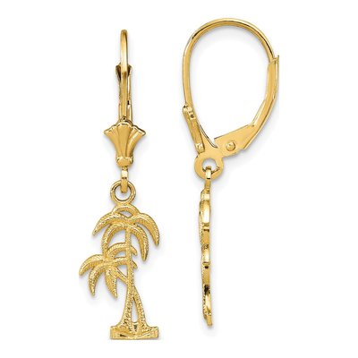 14K Yellow Gold Palm Tree Leverback Earrings