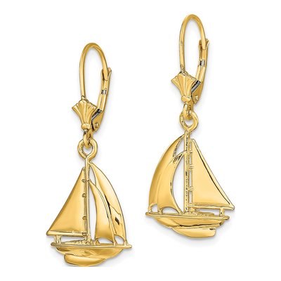 14K Yellow Gold 3D Sailboat Leverback Earrings – view 3