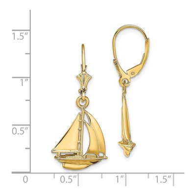 14K Yellow Gold 3D Sailboat Leverback Earrings – view 5