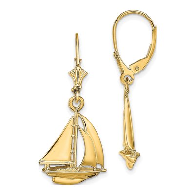 14K Yellow Gold 3D Sailboat Leverback Earrings