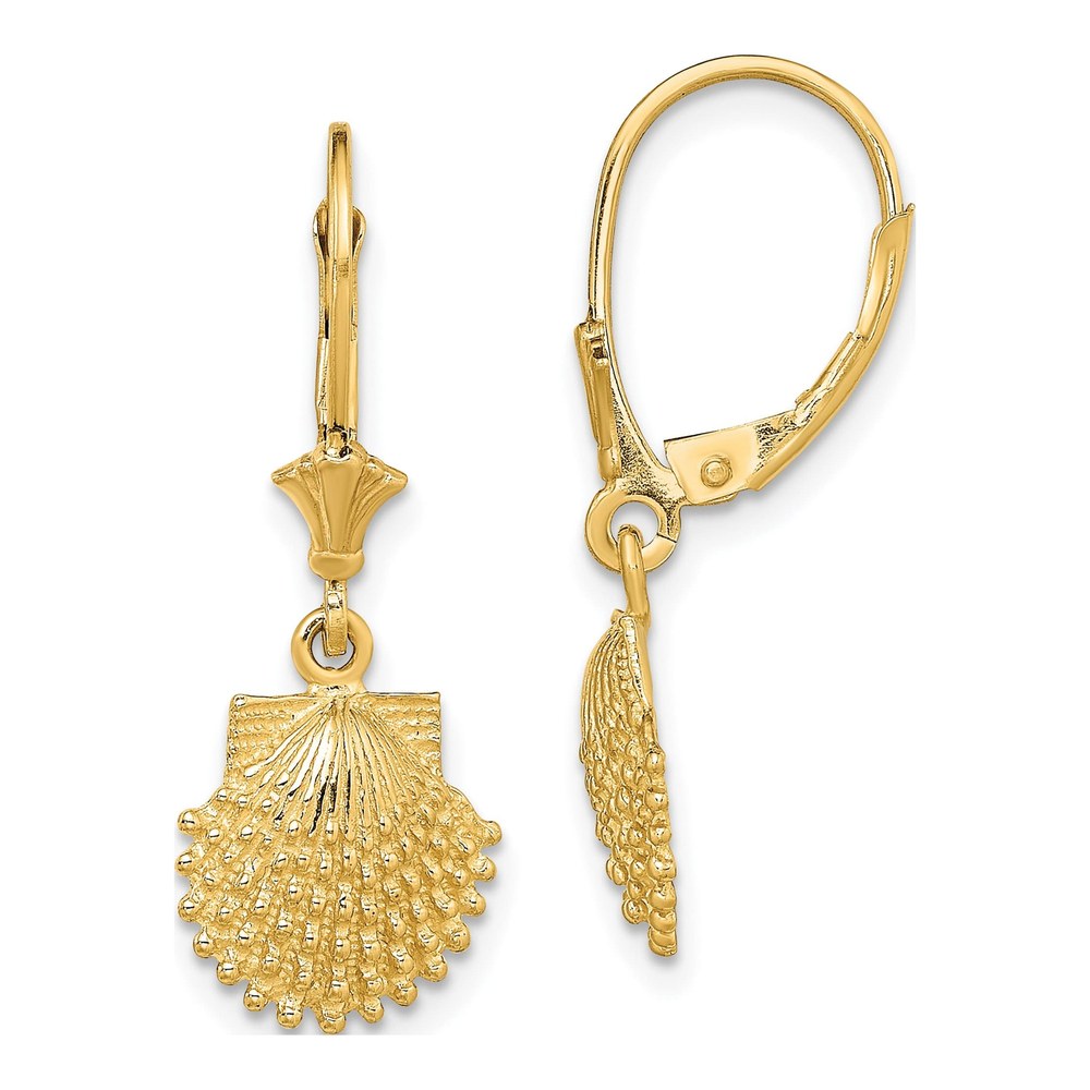 14K Yellow Gold Beaded Scallop Shell Leverback Earrings
