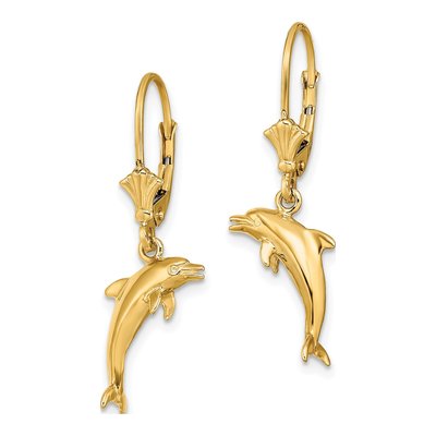 14K Yellow Gold 3D Dolphin Leverback Earrings – view 3