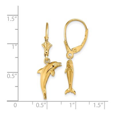 14K Yellow Gold 3D Dolphin Leverback Earrings – view 5