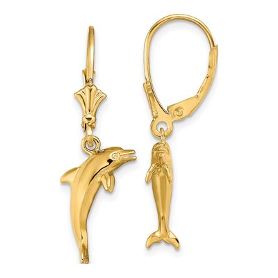 14K Yellow Gold 3D Dolphin Leverback Earrings