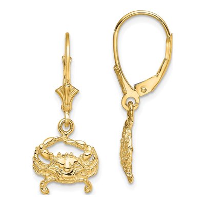 14K Yellow Gold Blue Crab Leverback Earrings