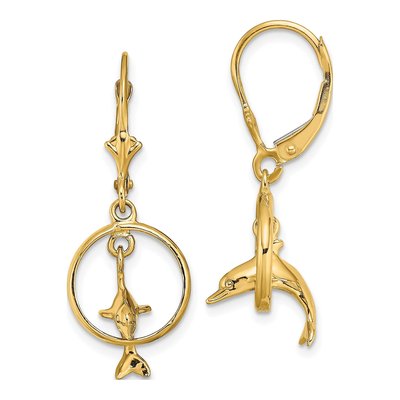 14K Yellow Gold Dolphin Leverback Earrings