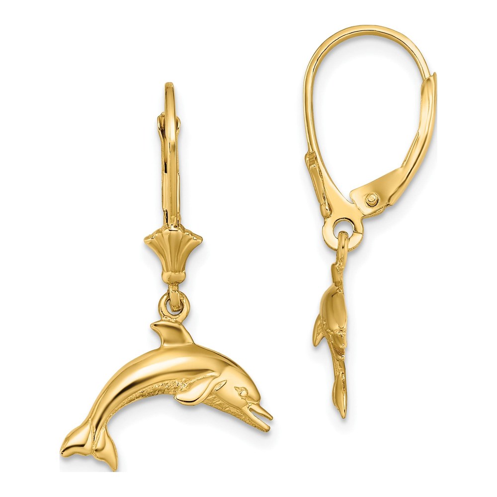 14K Yellow Gold Dolphin Leverback Earrings