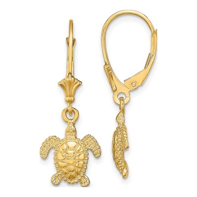 14K Yellow Gold Sea Turtle Leverback Earrings