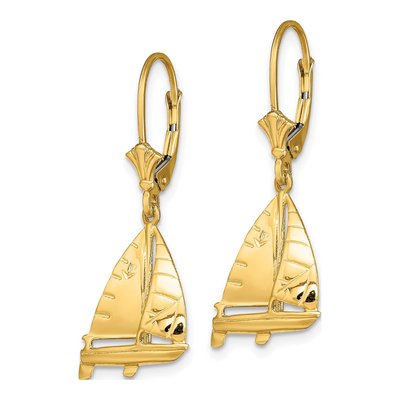 14K Yellow Gold 3D Sailboat Leverback Earrings – view 3